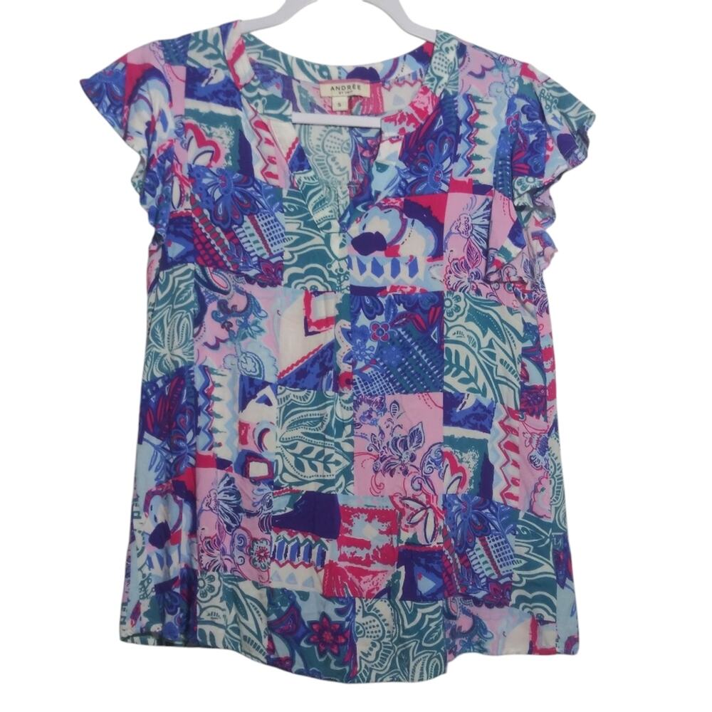 Andree by Unit Cornflower And Teal Abstract Woven Top Spring Lightweight Size S